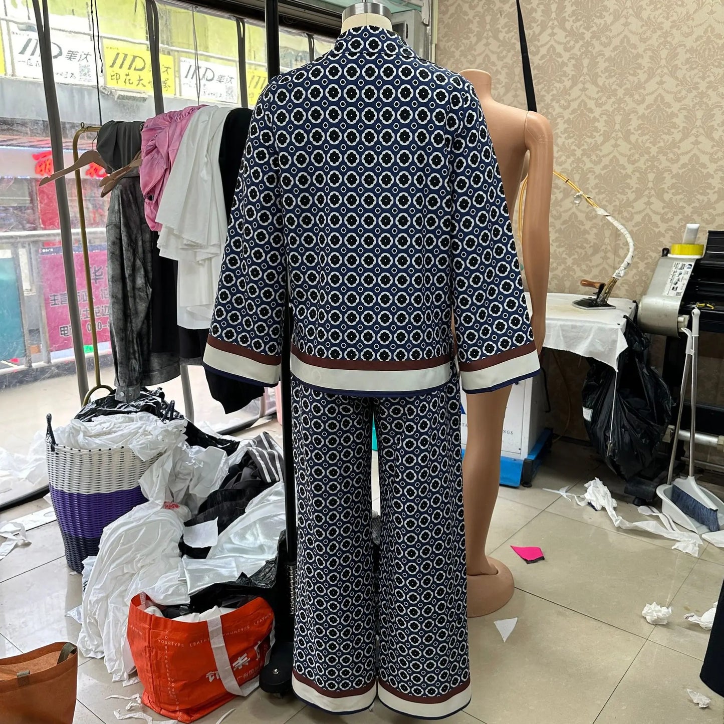 Street Casual Printed Pantsuit Two Piece Set Spring Women Long Sleeveless Shirt+High Waist Print Straight Pants Female Outfit