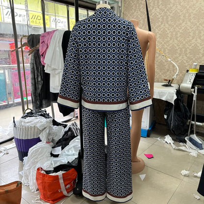 Street Casual Printed Pantsuit Two Piece Set Spring Women Long Sleeveless Shirt+High Waist Print Straight Pants Female Outfit