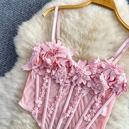 Slimming Floral Lace Crop Top Women's Summer Fashion Fishbone Design Strap Vest Breathable Short Style Sexy European Style
