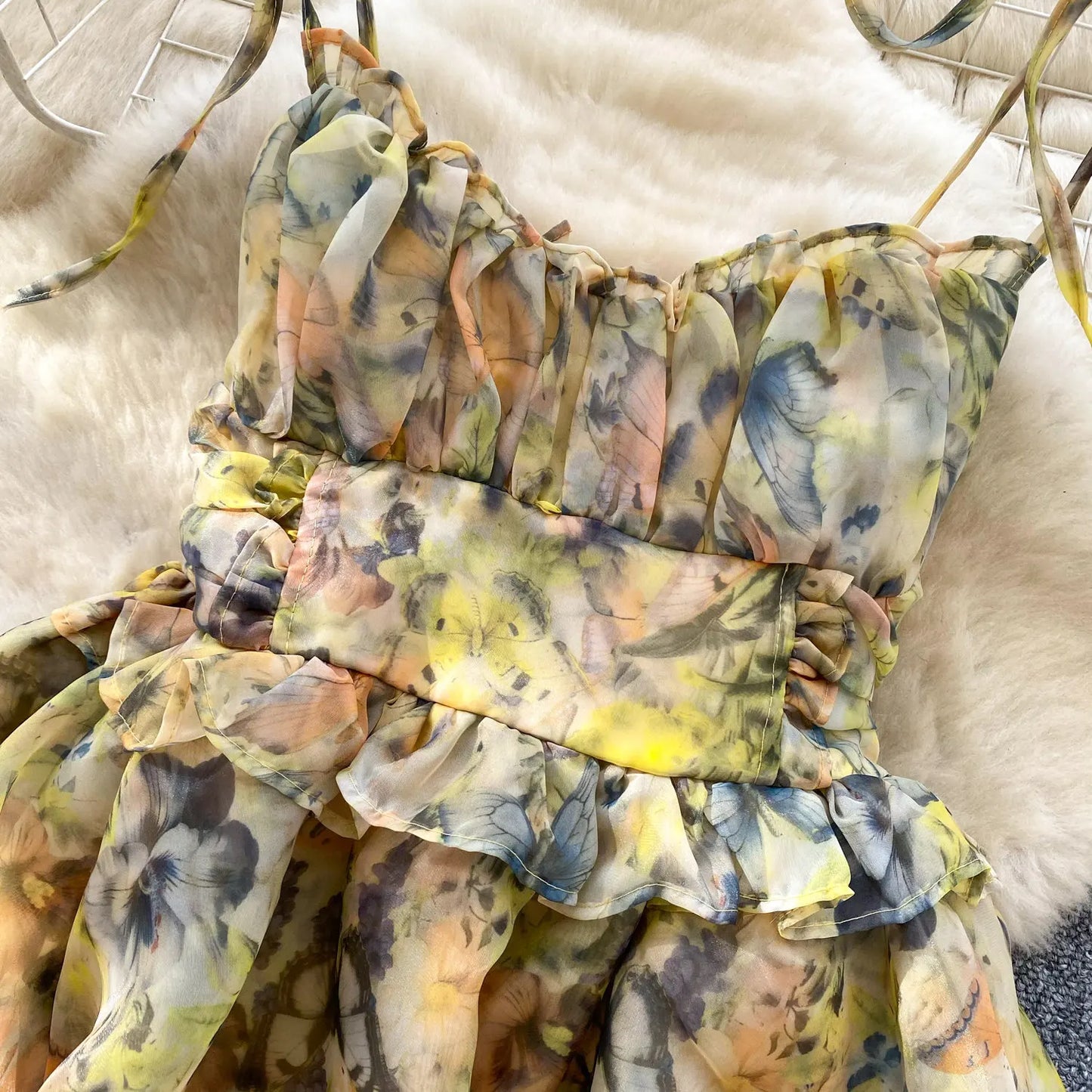 SINGREINY Holiday Print Flowy Birthday Dress Women Strap Butterfly Vacation Cake Sundress Organza Luxury Party Short Dress