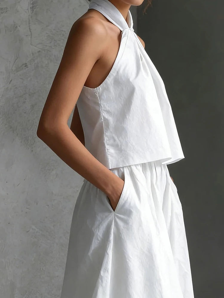 2026 Women Summer Casual Holiday Halter Sleeveless Pullover Top with Wide Leg Pants Two-Piece Set Backless Patchwork Chic Outfit