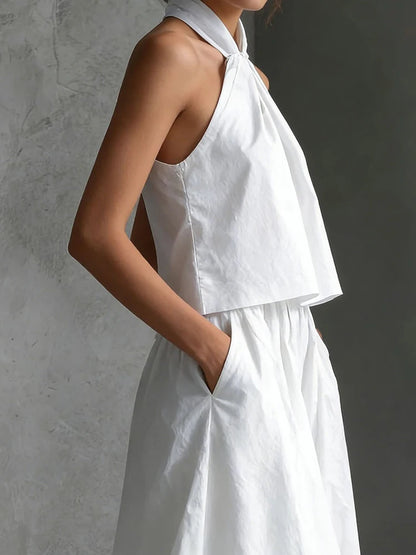 2026 Women Summer Casual Holiday Halter Sleeveless Pullover Top with Wide Leg Pants Two-Piece Set Backless Patchwork Chic Outfit