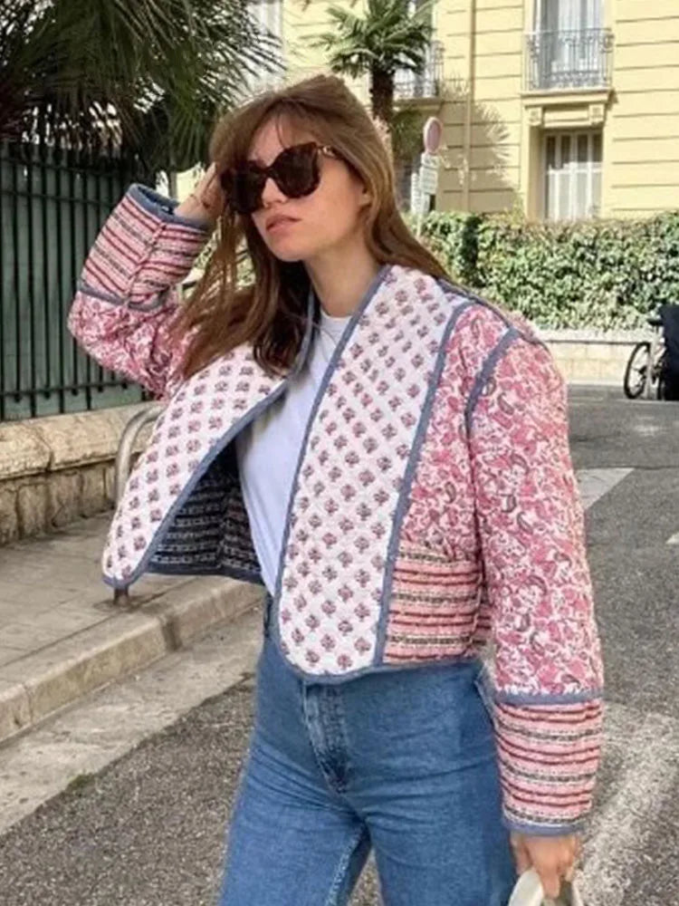 HH Floral Print Jacket For Women Autumn Quilted Reversible Cotton Coat Cardigan Long Sleeve Jackets Elegant Woman Streetwear