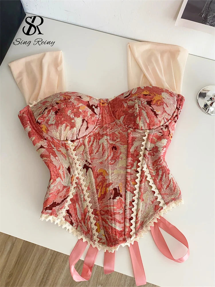 SINGREINY American Retro Print Evening Camisole Female Strap Lace Spliced Slim Top 2025 Streetwear Floral Vintage Beach Tank Top