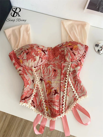 SINGREINY American Retro Print Evening Camisole Female Strap Lace Spliced Slim Top 2025 Streetwear Floral Vintage Beach Tank Top