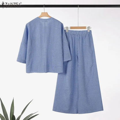Women Pants Sets ZANZEA Fashion Summer 2 Piece Sets Plaid Outfits Casual Half Sleeve Blouse Wide Leg Trousers Street Tracksuit
