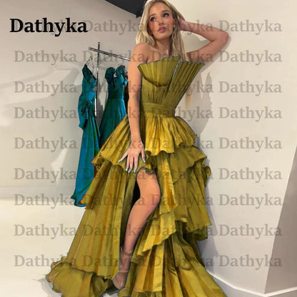 Dathyka Pleats Prom Dress Satin A Line Evening Dress High Slit Tiered Party Dress For Women Strapless Robe De Mariee Customised