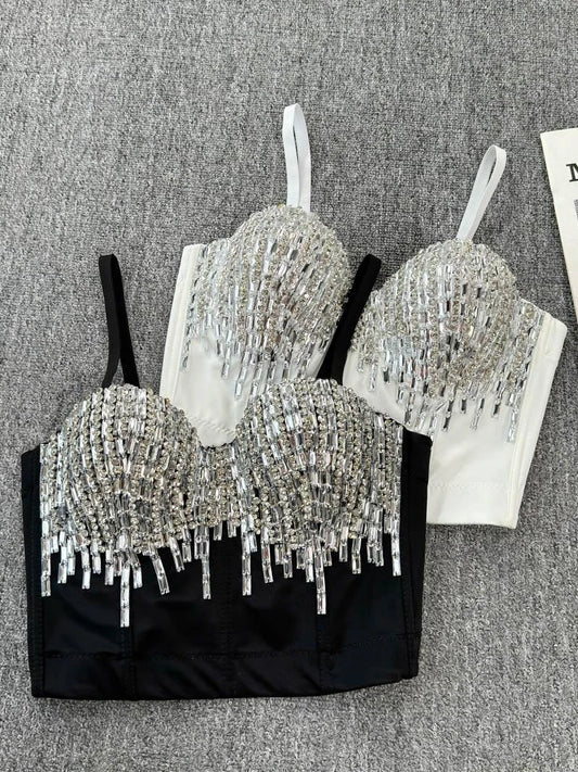 Sexy Club Dancing Csole Diamond Embellied ort Vest Inner Wear Outerwear Trendy Fibone Bra Top Women's Vest