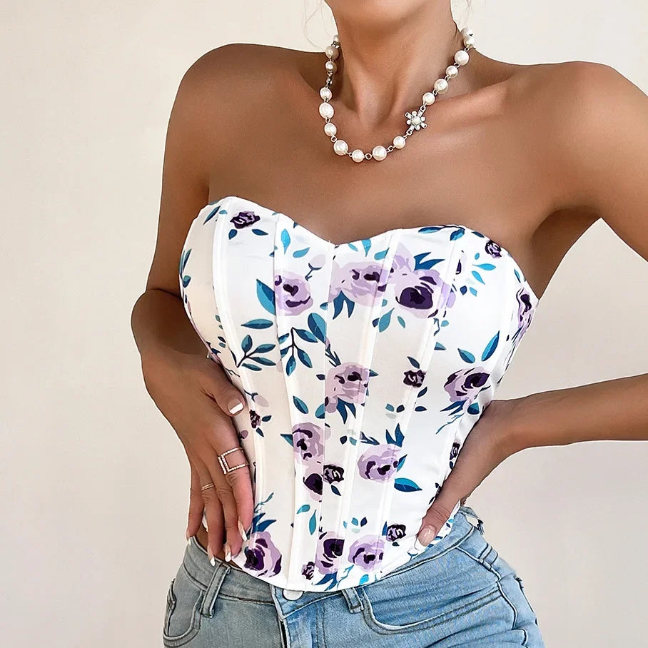 Women Floral Top Sexy Spicy Girl Tank Top Low cut Open Back Flower Wrapped Chest Diamond Fish Bone Strap Waist Vest Tank Top Y2K