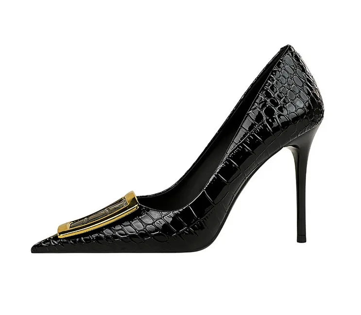 2025 BIGTREE Metal Decoration Buckle Fashion Pumps Women Elegant Snakeskin Print 10cm High Heels Party Ladies Shoes