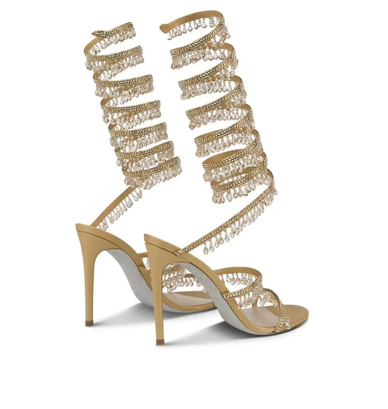 2024Women's New Water Diamond Sandals Fashion Tassel Crystal Shoes Sexy Banquet Party Twin Stiletto Women's Large Sandals