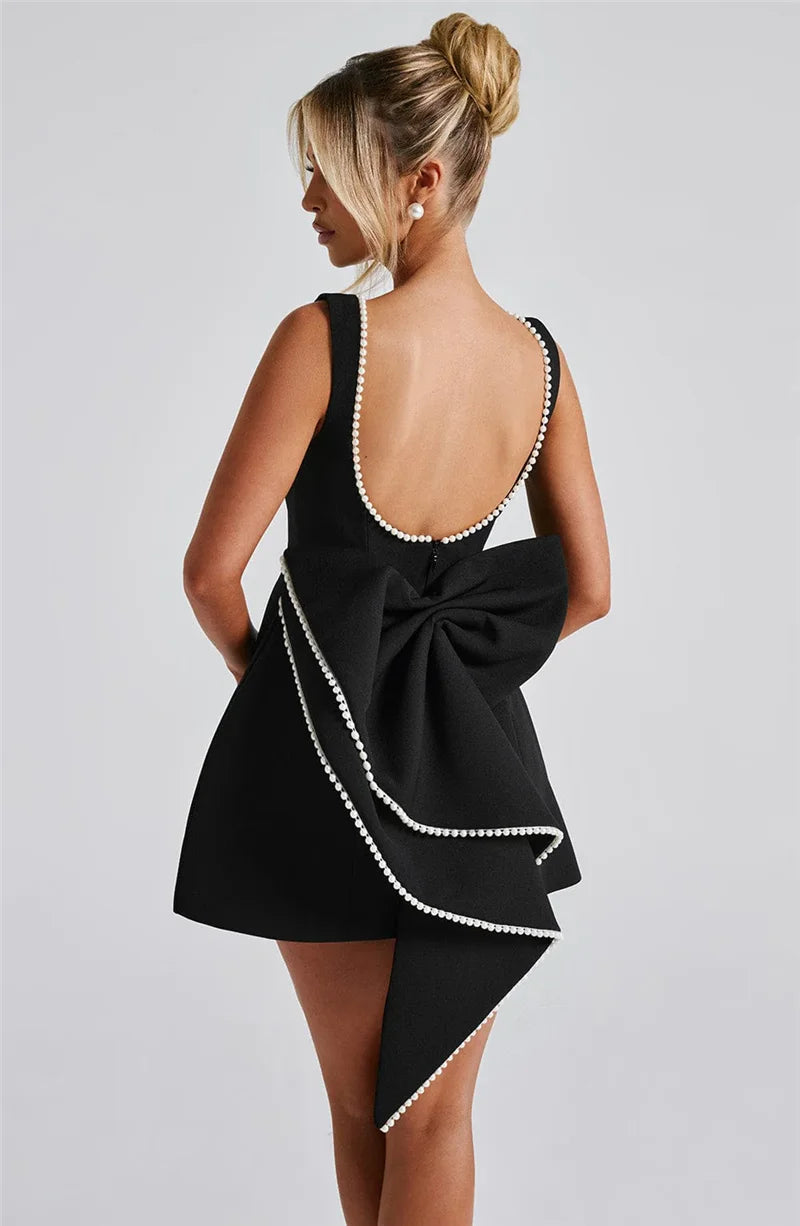 Mozision Pearl Bow Backless Sexy Mini Dress For Women Robe Fashion Zipper Sleeveless High Waist A-line Club Party Dress Elegant