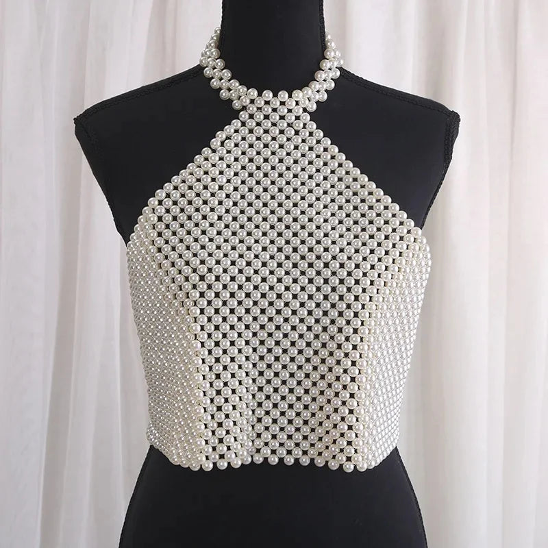 Handcrafted Elastic Pearl Beaded Sexy Hot Girl Bralette Top White Beaded Crop Top Women's Fashion Vest Strapless Bra