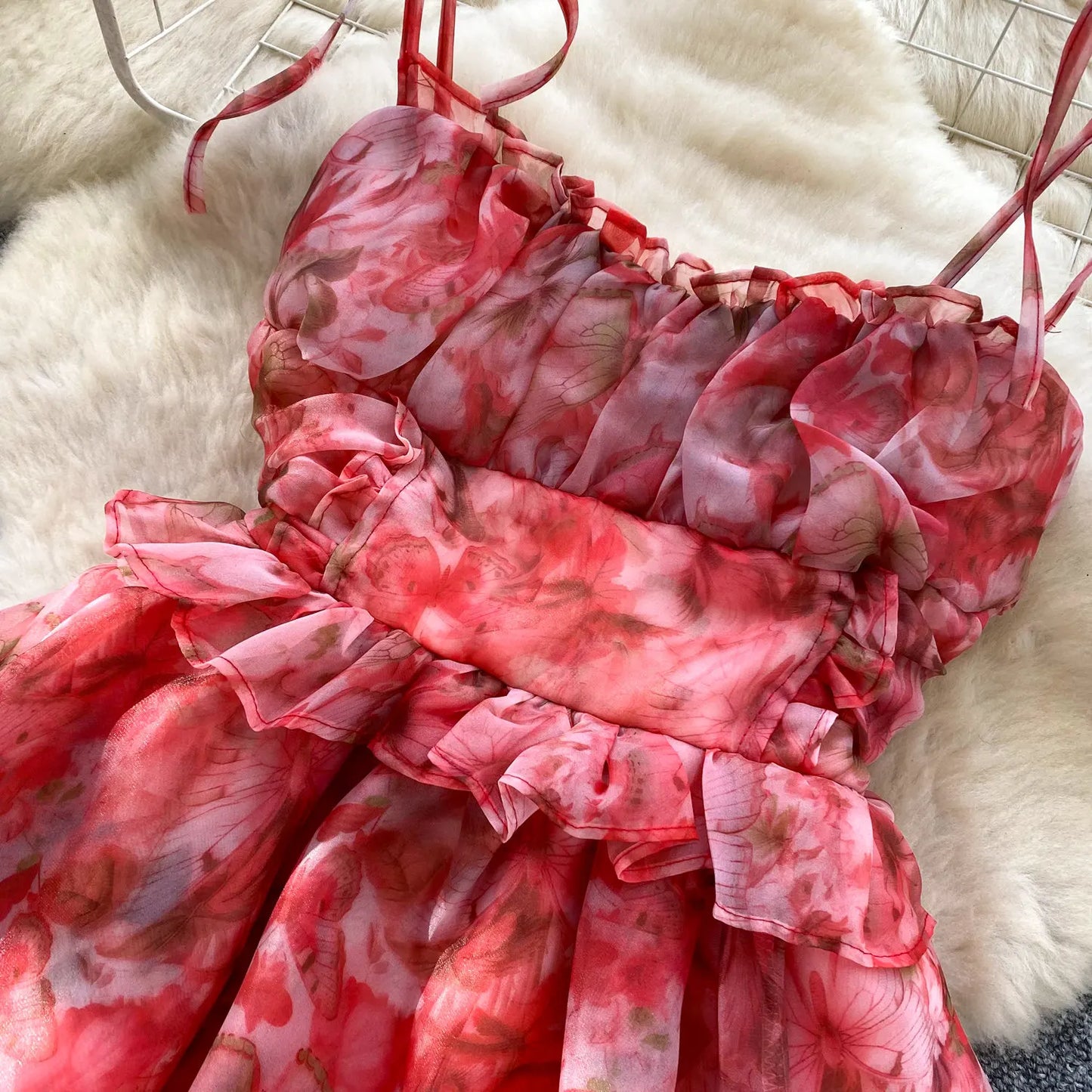 SINGREINY Holiday Print Flowy Birthday Dress Women Strap Butterfly Vacation Cake Sundress Organza Luxury Party Short Dress