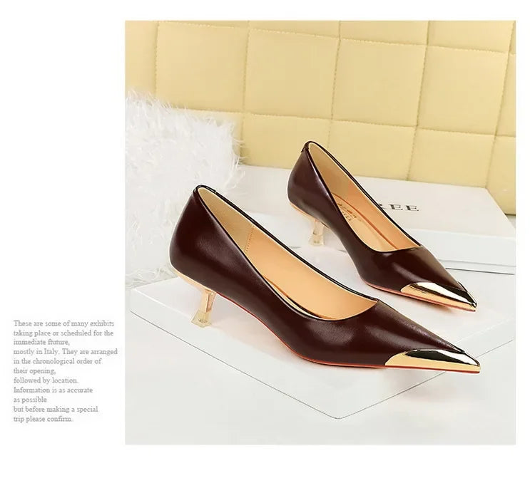 BIGTREE Retro Shallow Metal Pointed Toe High Heels Women Pumps  Stripper Elegant Party Thin Low Heels Black Heels Shoes