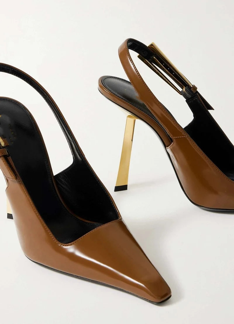 2025 Spring And Summer New Black Patent Leather High Heels Women Slim Heel Shoes Temperament Minority Pointed Sandals
