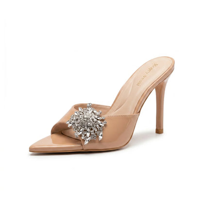 Summer new open toed rhinestone purple straight strap thin heel slippers with feminine feel,wearing crystal shoes and high heels