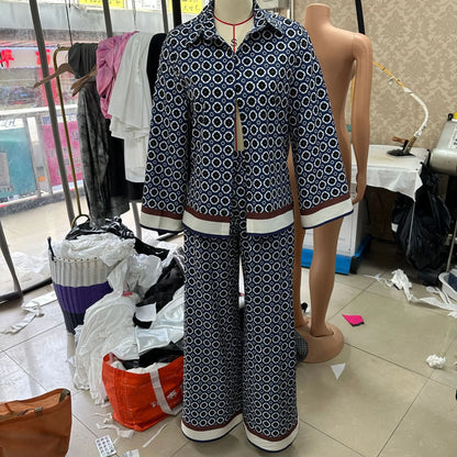 Street Casual Printed Pantsuit Two Piece Set Spring Women Long Sleeveless Shirt+High Waist Print Straight Pants Female Outfit