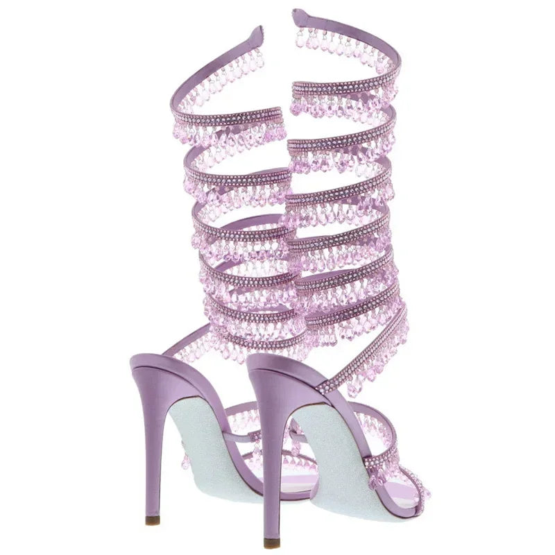 2024Women's New Water Diamond Sandals Fashion Tassel Crystal Shoes Sexy Banquet Party Twin Stiletto Women's Large Sandals
