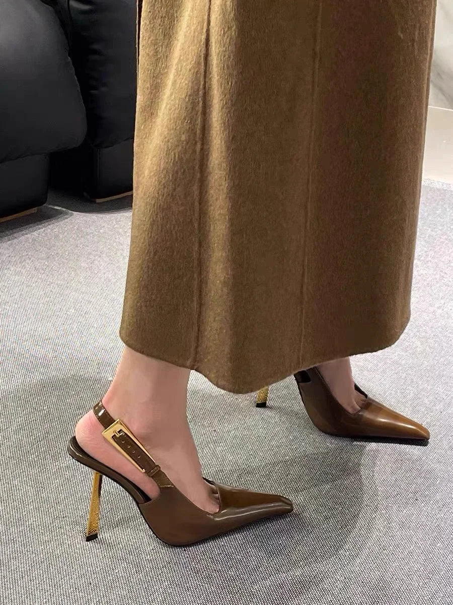 Black Pointed Toe High Heels Thin Heel Metal Cap Sandals Women's Shoes Elegant Painted Leather Sexy Fine Heel New 2025