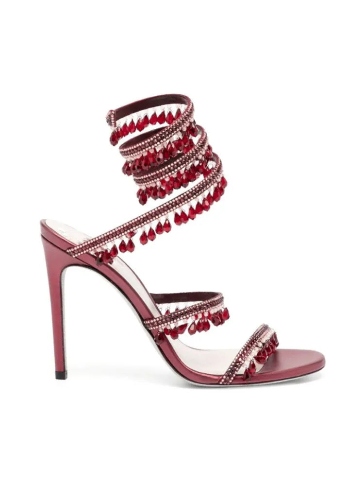 2024Women's New Water Diamond Sandals Fashion Tassel Crystal Shoes Sexy Banquet Party Twin Stiletto Women's Large Sandals