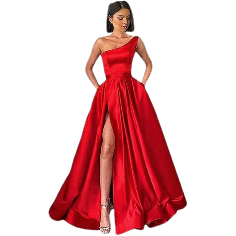 Customized Women's One Shoulder Prom Dresses Long Ball Gown High Slit Satin Corset Formal Dress Evening Gowns with Pockets