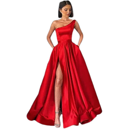 Customized Women's One Shoulder Prom Dresses Long Ball Gown High Slit Satin Corset Formal Dress Evening Gowns with Pockets