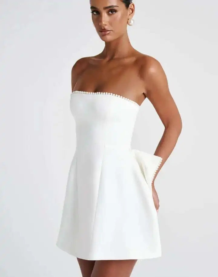 Avrilyaan Bow Pearl Short Backless Sleeveless Sexy Dress Women Elegant Party Dress Strapless Bodycon Mini Summer Dress Vestidos