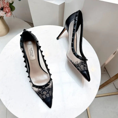 V-Home Mandarin Orange High Heels Lace Mesh Rivet Pointed Toe Versatile Single Shoes Women Summer Fashionable Elegant