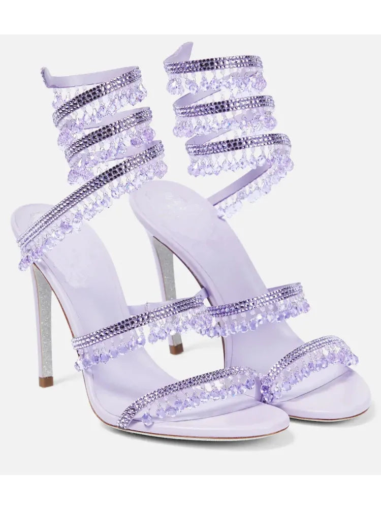 2024Women's New Water Diamond Sandals Fashion Tassel Crystal Shoes Sexy Banquet Party Twin Stiletto Women's Large Sandals