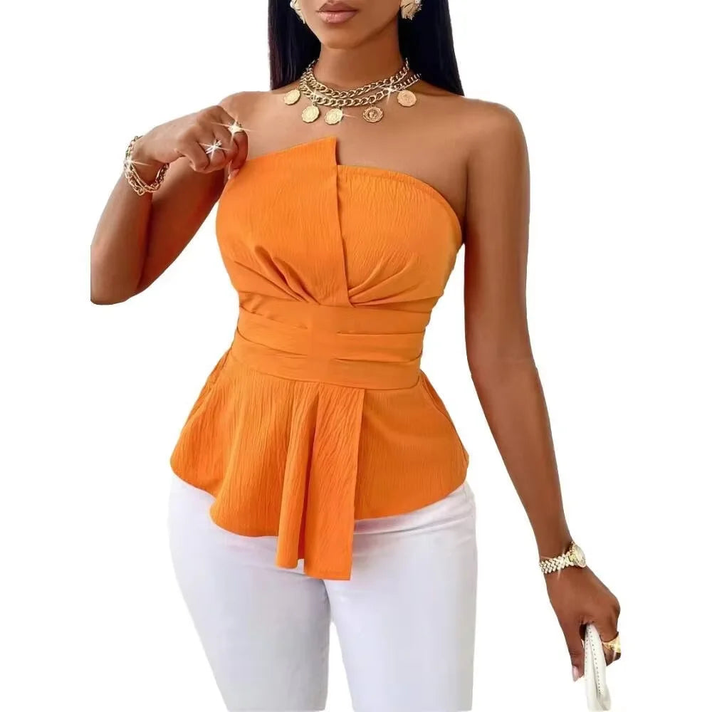 [Elegant] Peplum Strapless Top, Belted Wrap Waist Blouse for Vacation & Commute