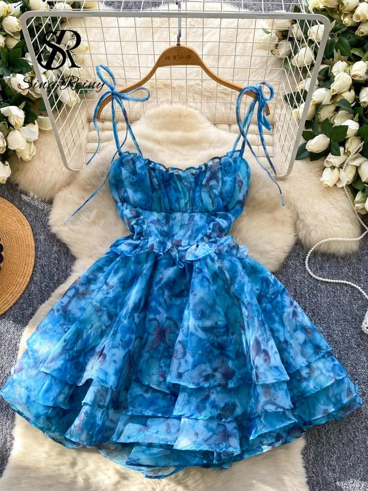 SINGREINY Holiday Print Flowy Birthday Dress Women Strap Butterfly Vacation Cake Sundress Organza Luxury Party Short Dress