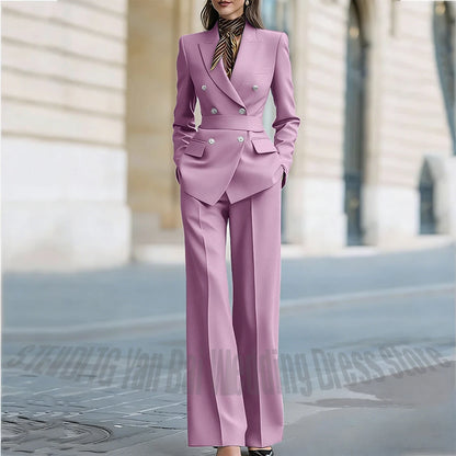 Customized Straight Women's Suits Two Pieces Classic Double Breasted Solid Color High Street Business Casual Office Suit Set