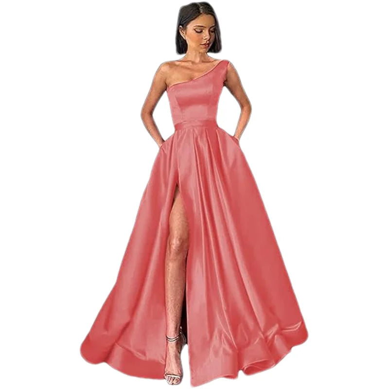 Customized Women's One Shoulder Prom Dresses Long Ball Gown High Slit Satin Corset Formal Dress Evening Gowns with Pockets