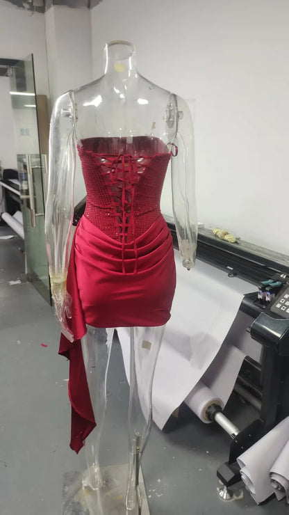 Suninheart Luxury Elegant Strapless Dress Corset Vestidos Sexy Red Satin Draped Dress Mini Women Wedding Cocktail Party Dresses