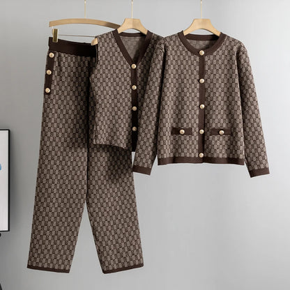 Knited 3 Piece Sets Elegant Women Long Sleeve Sweater Coat Single Breasted Knit Vest Trousers 2026 New