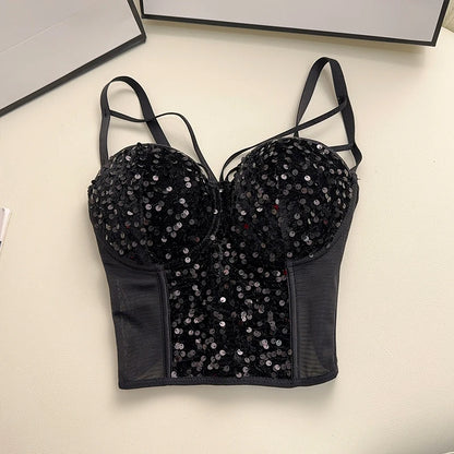 Sexy Sequins Tank Top Corset for Women Mesh Patchwork Backless Spaghetti Strap Camis Shiny Crop Tops Women's Clothing Dropship