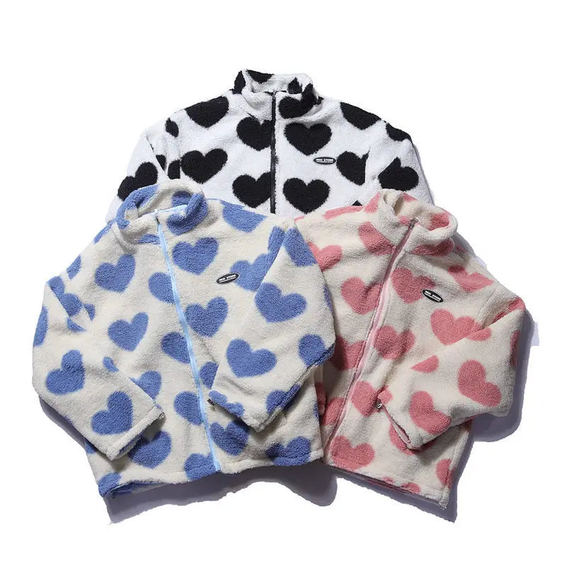 Double-Sided Wear Thickened Lamb Fur Heart Pattern Cotton Jacket Couple's Two-Way Wear Casual Warm Zipper Closure Long Sleeve...