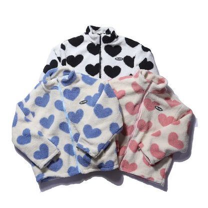 Double-Sided Wear Thickened Lamb Fur Heart Pattern Cotton Jacket Couple's Two-Way Wear Casual Warm Zipper Closure Long Sleeve...