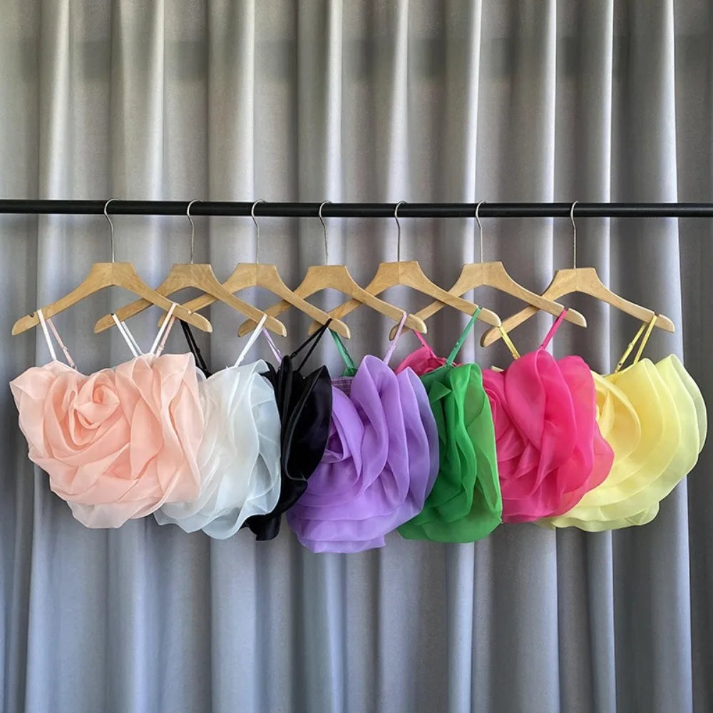 Spaghetti Strap Tank Top for Women New Arrival Slash Neck Tulle Bare Midriff Skinny Camis Summer Versatile Gallus Dropshipping