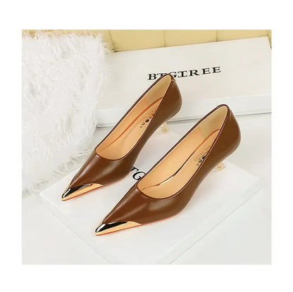 BIGTREE Retro Shallow Metal Pointed Toe High Heels Women Pumps  Stripper Elegant Party Thin Low Heels Black Heels Shoes
