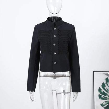 Vintage Napoleon Short Jacket for Women Stand Collar Full Sleeve Single-Breasted Slim Coat 2026 Spring Lady New Streetwear