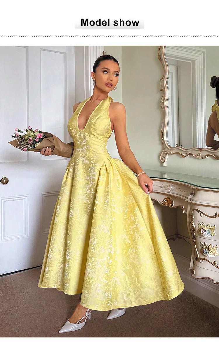 Evening Party Dresses Women Summer Sexy Bow Halter Long Dress Elegant Jacquard Lace Up Backless Birthday Robe