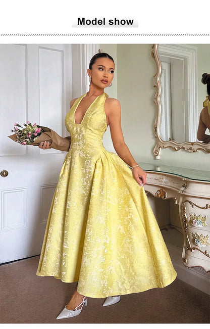 Evening Party Dresses Women Summer Sexy Bow Halter Long Dress Elegant Jacquard Lace Up Backless Birthday Robe