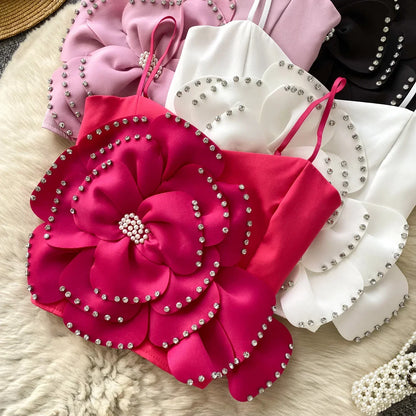 New French Sweet Strap Camisole Strapless 3D Floral Beading Diamonds Design Tops Elastic Ruched Slim Streetwear Tank Top