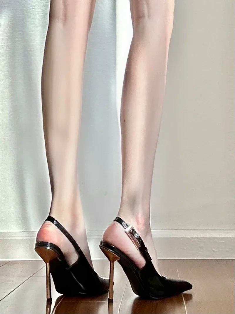 Black Pointed Toe High Heels Thin Heel Metal Cap Sandals Women's Shoes Elegant Painted Leather Sexy Fine Heel New 2025