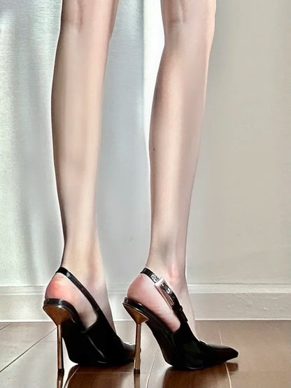 Black Pointed Toe High Heels Thin Heel Metal Cap Sandals Women's Shoes Elegant Painted Leather Sexy Fine Heel New 2025