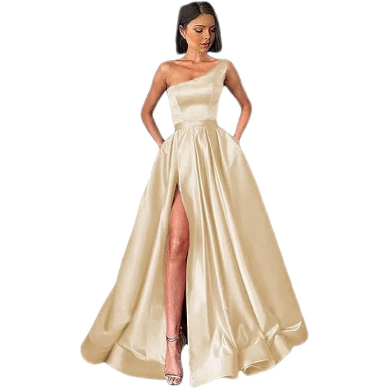 Customized Women's One Shoulder Prom Dresses Long Ball Gown High Slit Satin Corset Formal Dress Evening Gowns with Pockets