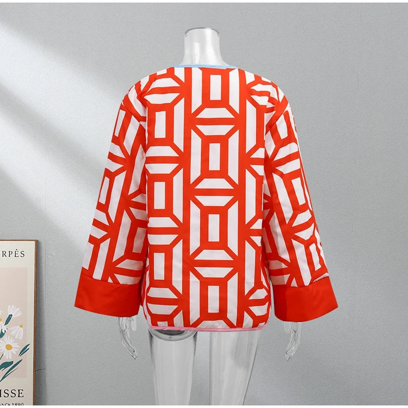 HH Floral Print Jacket For Women Autumn Quilted Reversible Cotton Coat Cardigan Long Sleeve Jackets Elegant Woman Streetwear