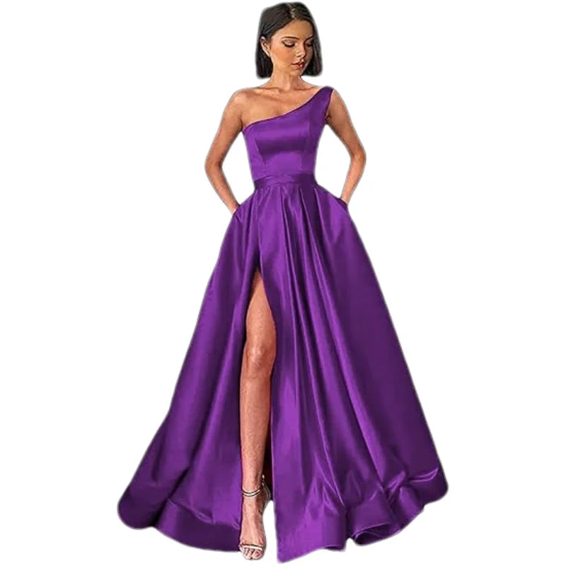 Customized Women's One Shoulder Prom Dresses Long Ball Gown High Slit Satin Corset Formal Dress Evening Gowns with Pockets